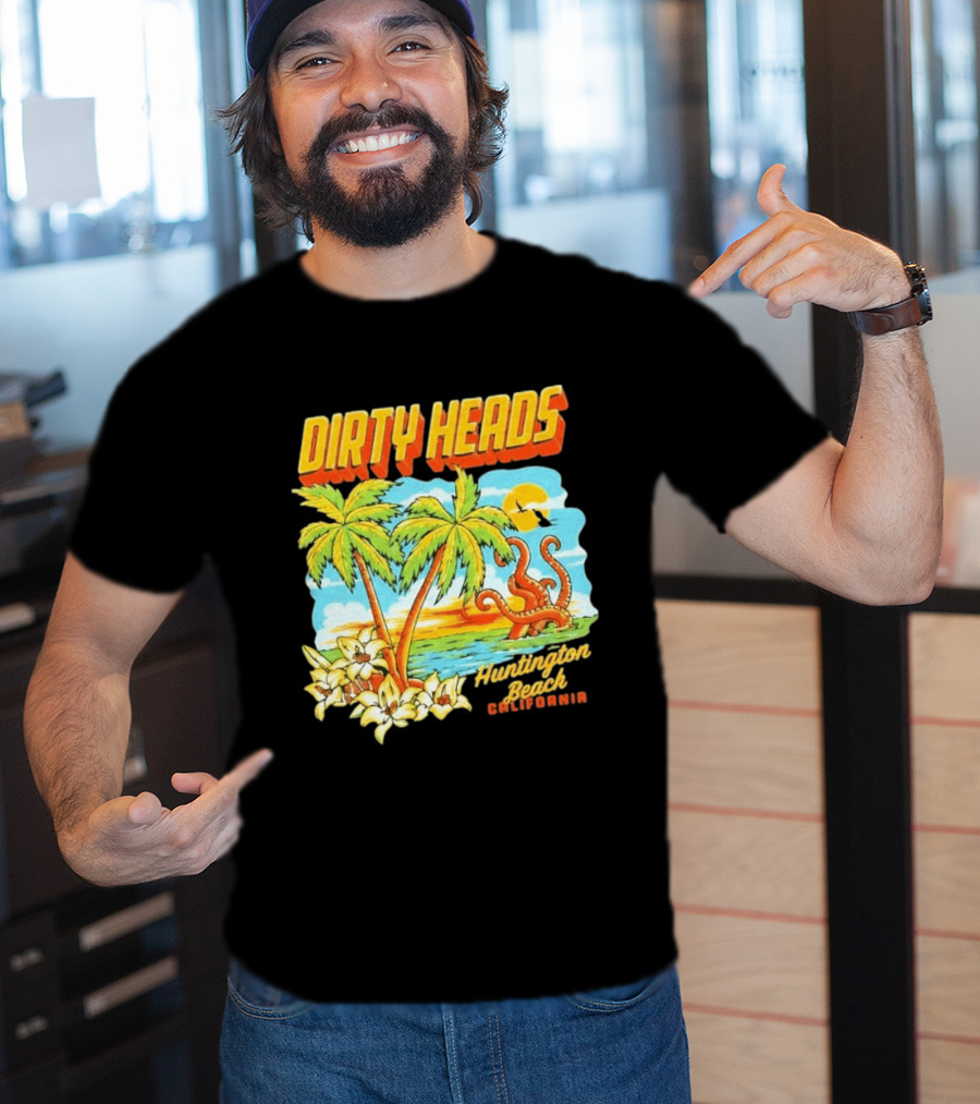 Dirty Heads Tropical Beach Palm Trees Ocean Sunset Octopus Huntington Beach California T-Shirt