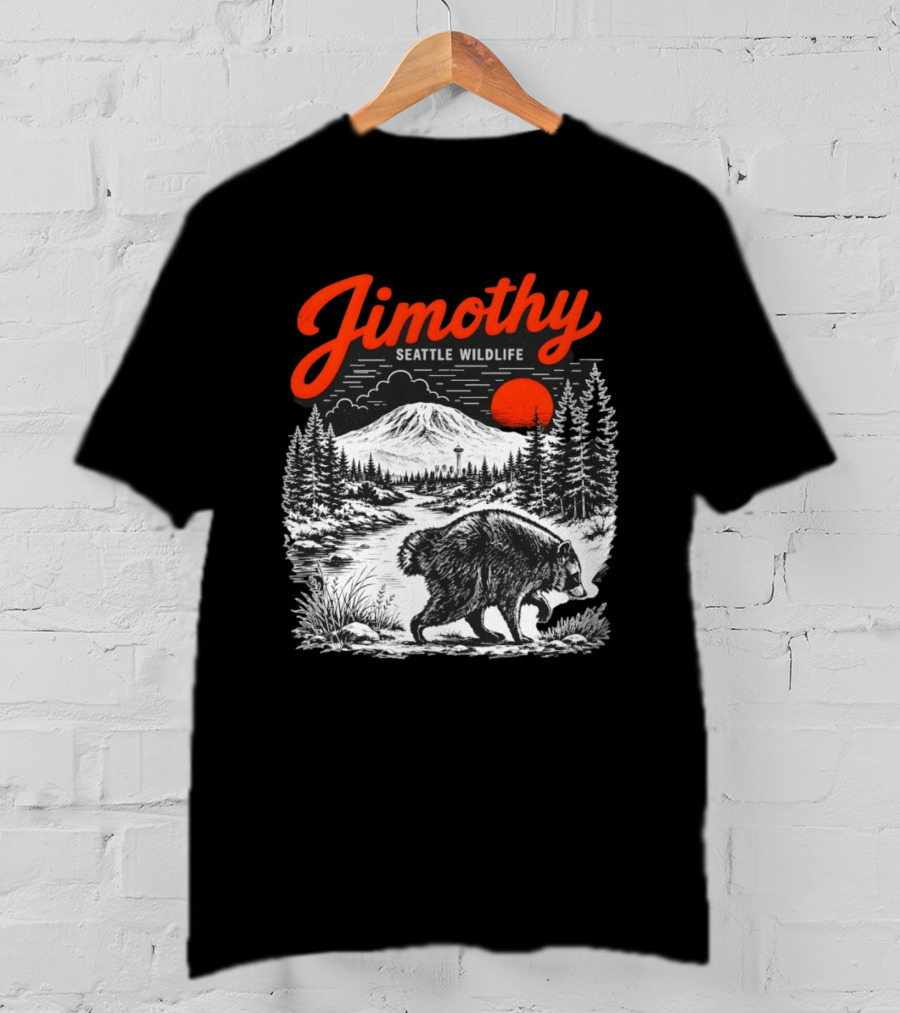 Jimothy Seattle Wildlife Raccoon With Mountain And Space Needle T-Shirt