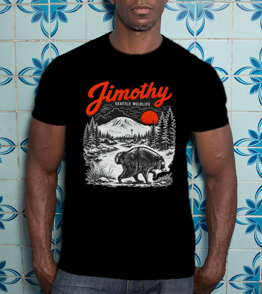 Jimothy Seattle Wildlife Raccoon With Mountain And Space Needle T-Shirt