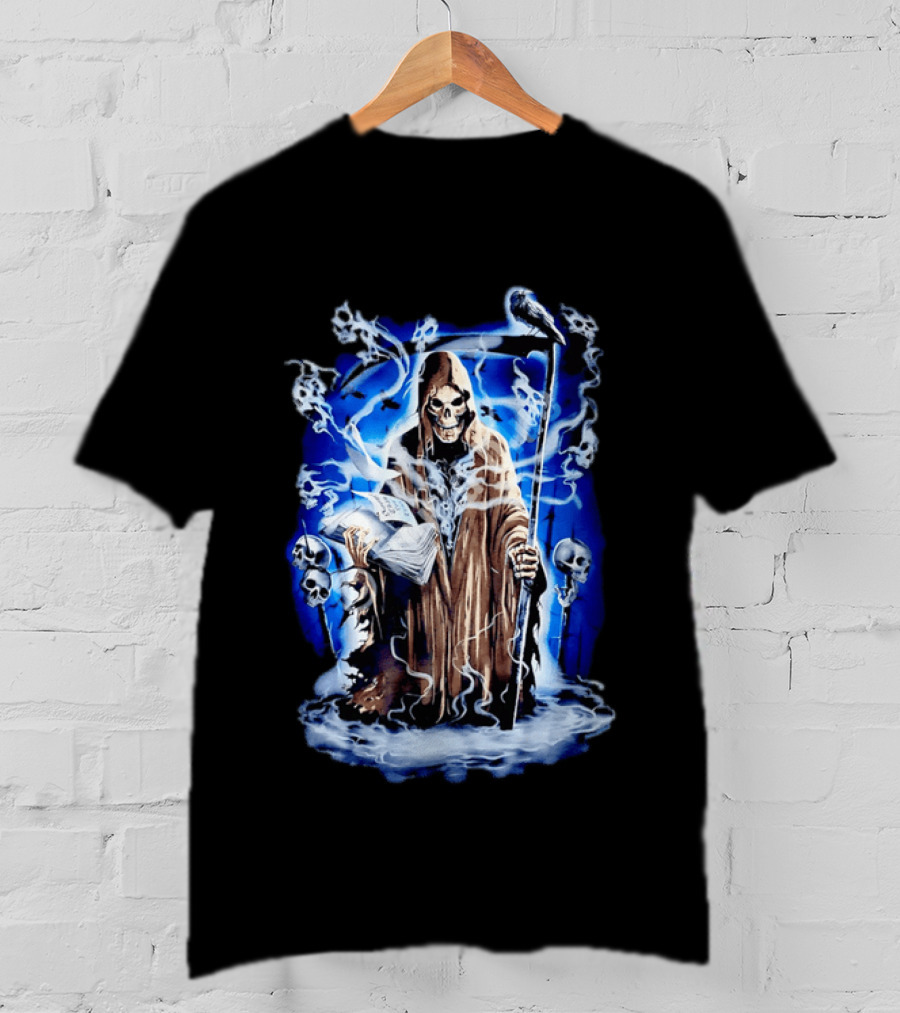 Sooner Than You Think Grim Reaper Skull And Scythe In Blue Mist T-Shirt