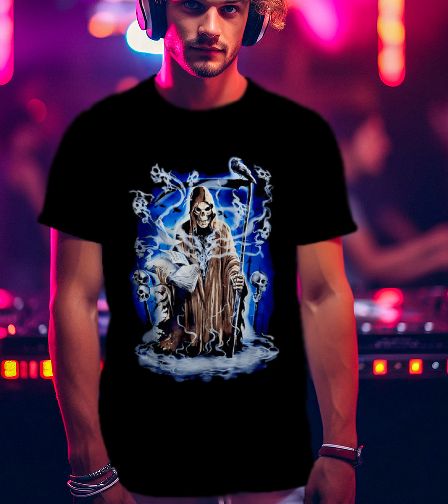Sooner Than You Think Grim Reaper Skull And Scythe In Blue Mist T-Shirt