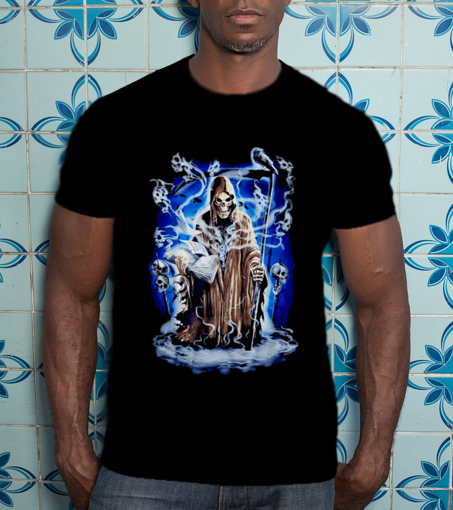 Sooner Than You Think Grim Reaper Skull And Scythe In Blue Mist T-Shirt