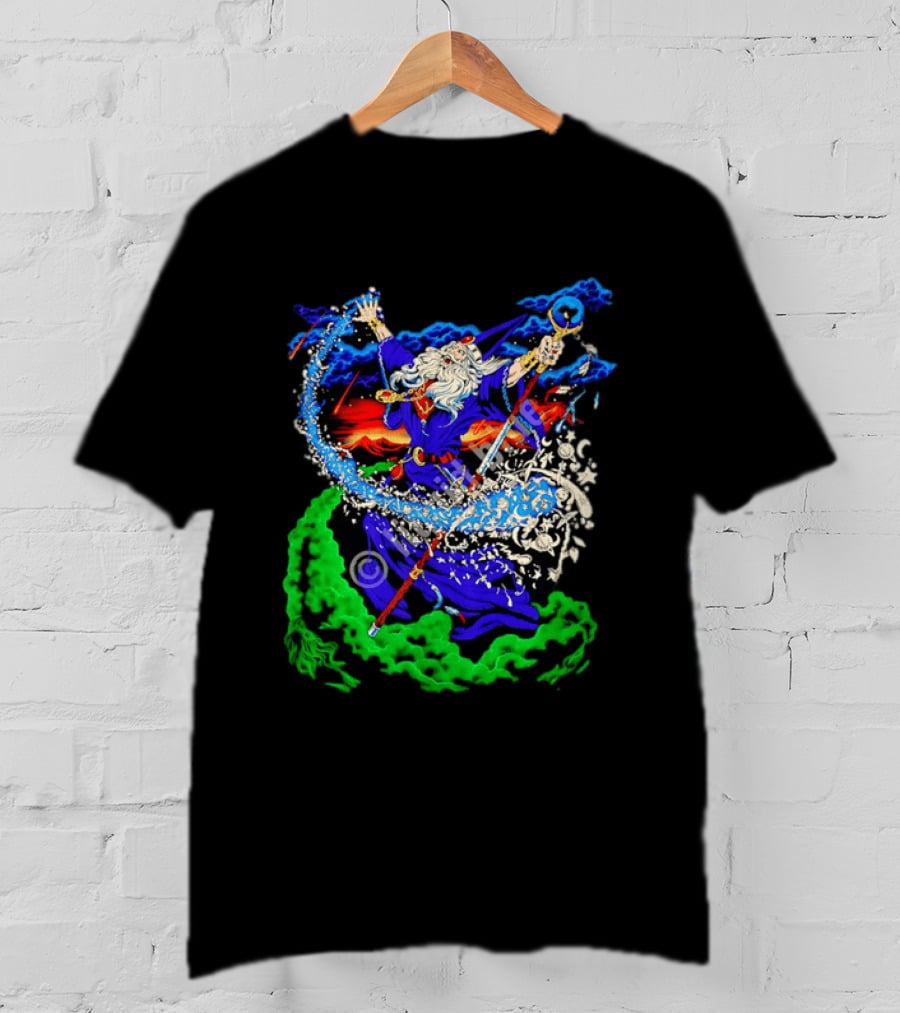 Wizard Casting Magic Conjuring Galaxies Fantasy Aurora Sky T-Shirt