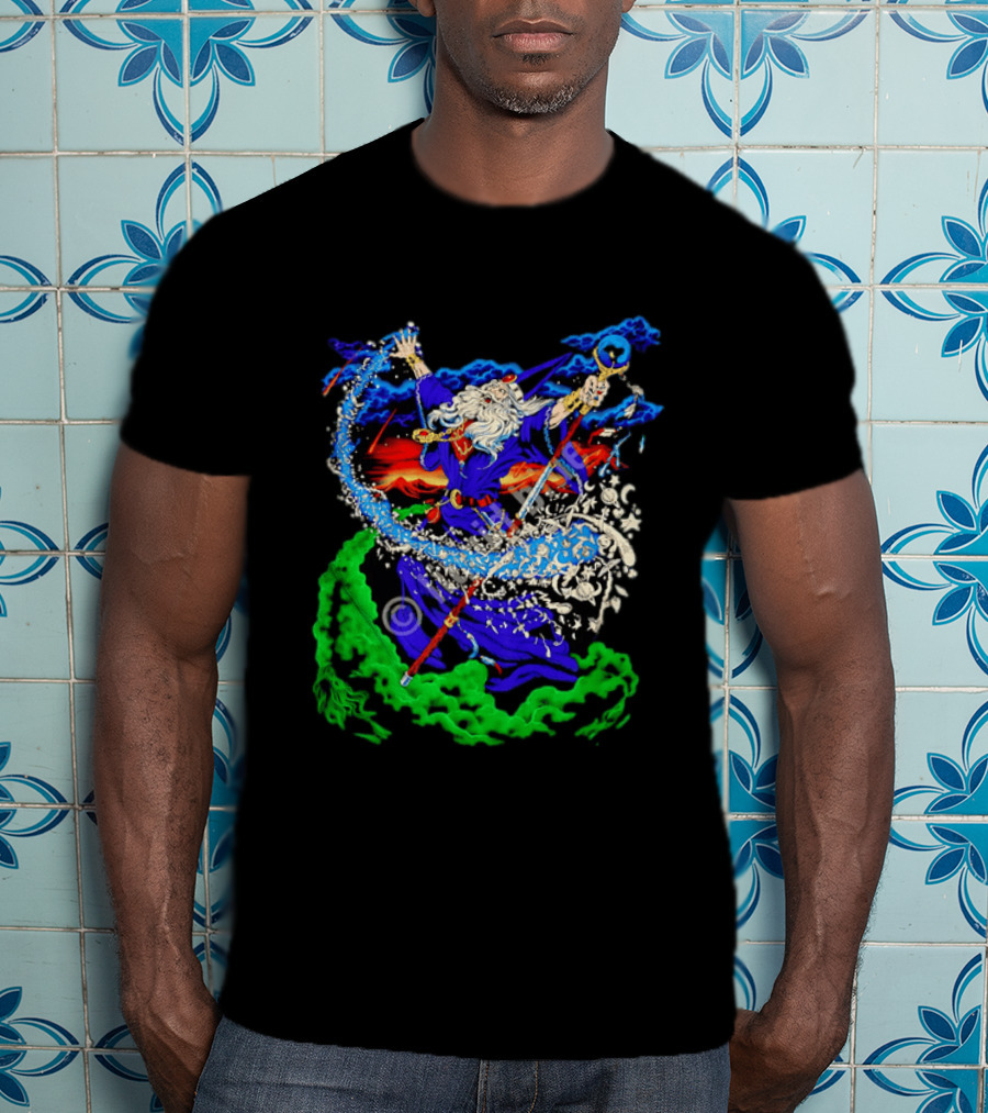 Wizard Casting Magic Conjuring Galaxies Fantasy Aurora Sky T-Shirt
