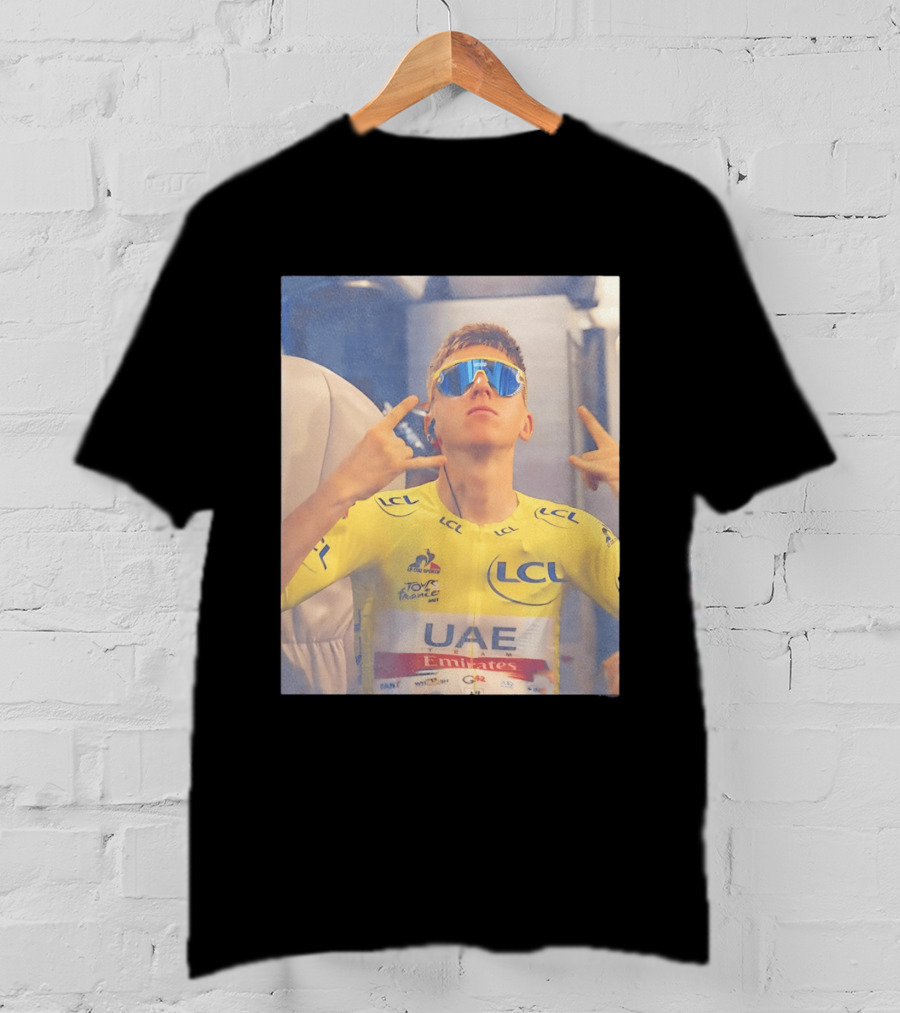 Tadej Pogačar In UAE Emirates Tour De France LCL Yellow Jersey With Sunglasses T-Shirt