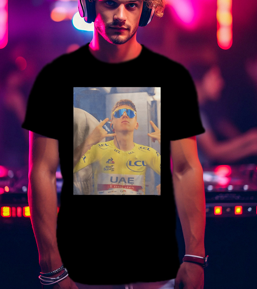 Tadej Pogačar In UAE Emirates Tour De France LCL Yellow Jersey With Sunglasses T-Shirt