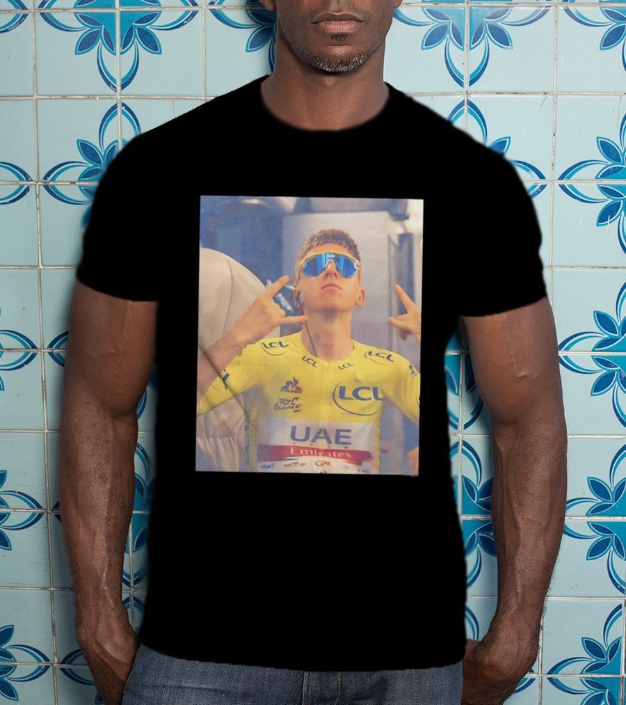 Tadej Pogačar In UAE Emirates Tour De France LCL Yellow Jersey With Sunglasses T-Shirt