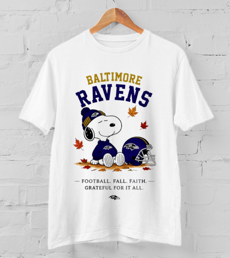 Baltimore Ravens Snoopy Football Fall Faith Grateful For It All T-Shirt