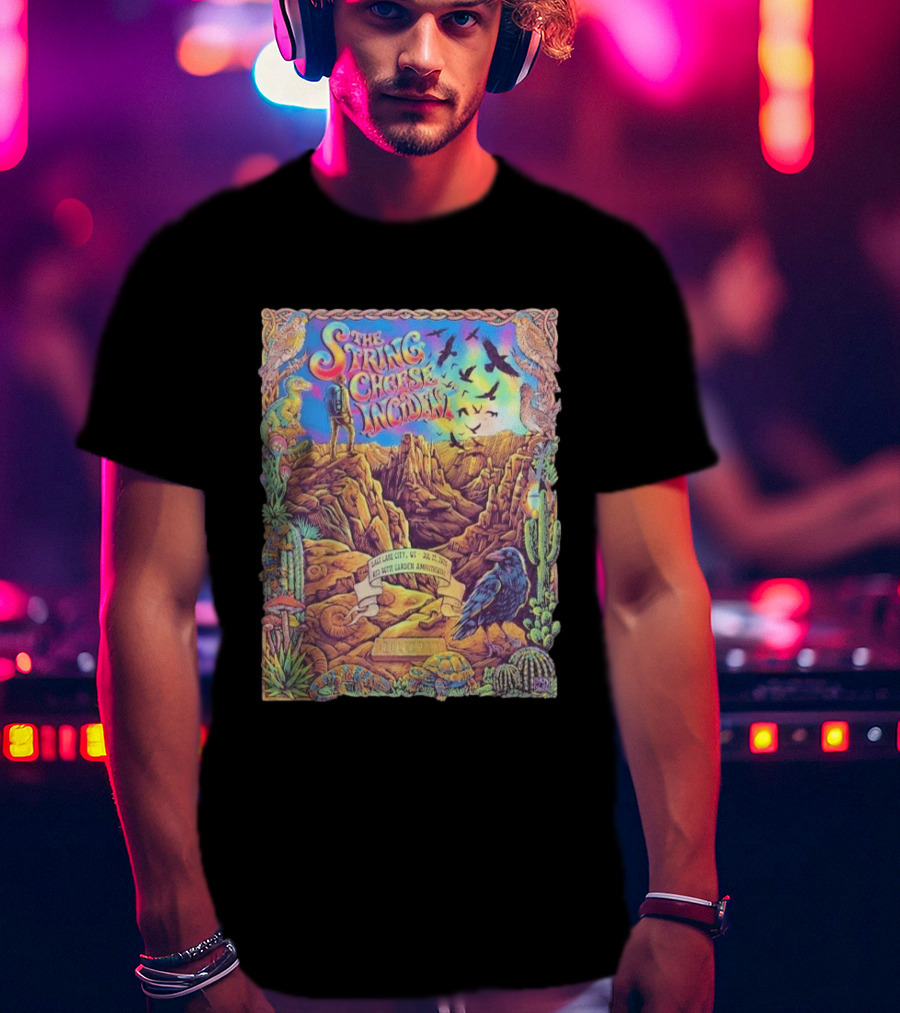 The String Cheese Incident Salt Lake City Utah Red Butte Garden Amphitheatre July 22 2026 Psychedelic Desert Scene With Wildlife And Cactus T-Shirt