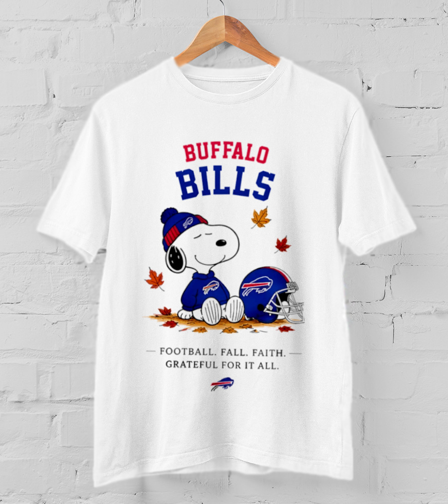 Buffalo Bills Snoopy Football Fall Faith Grateful For It All Leaves T-Shirt