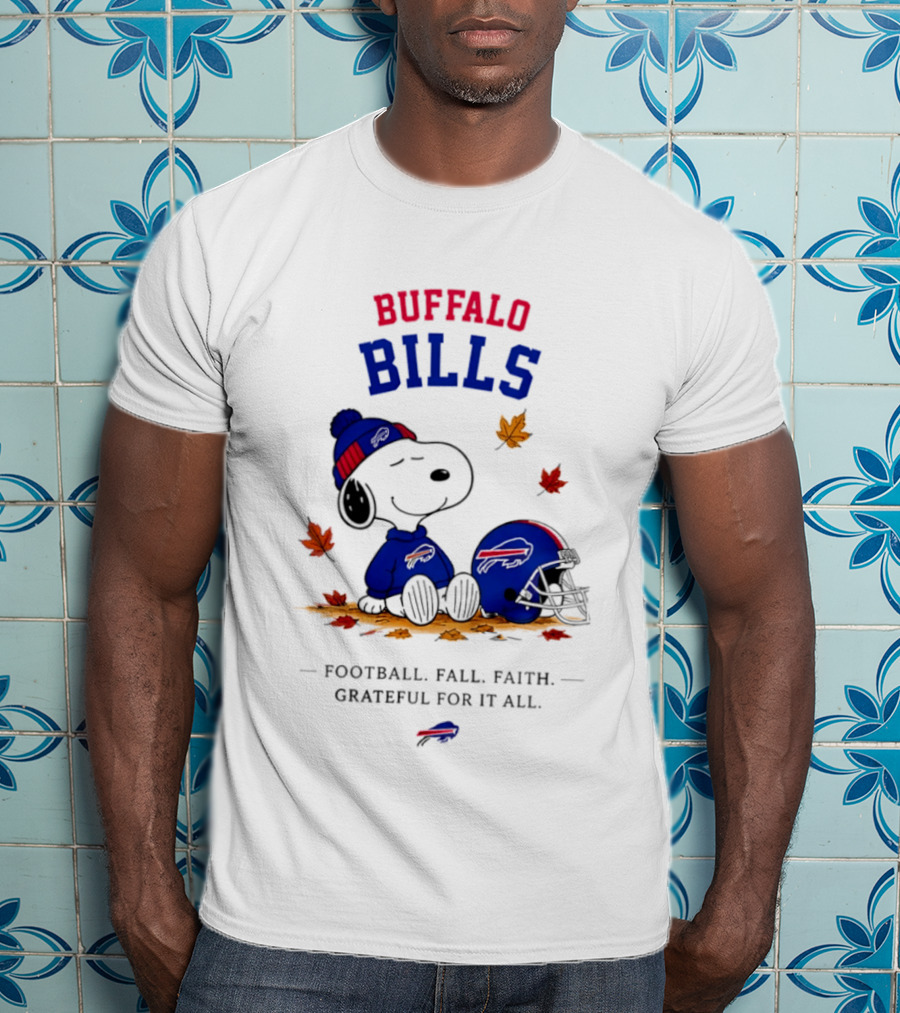 Buffalo Bills Snoopy Football Fall Faith Grateful For It All Leaves T-Shirt