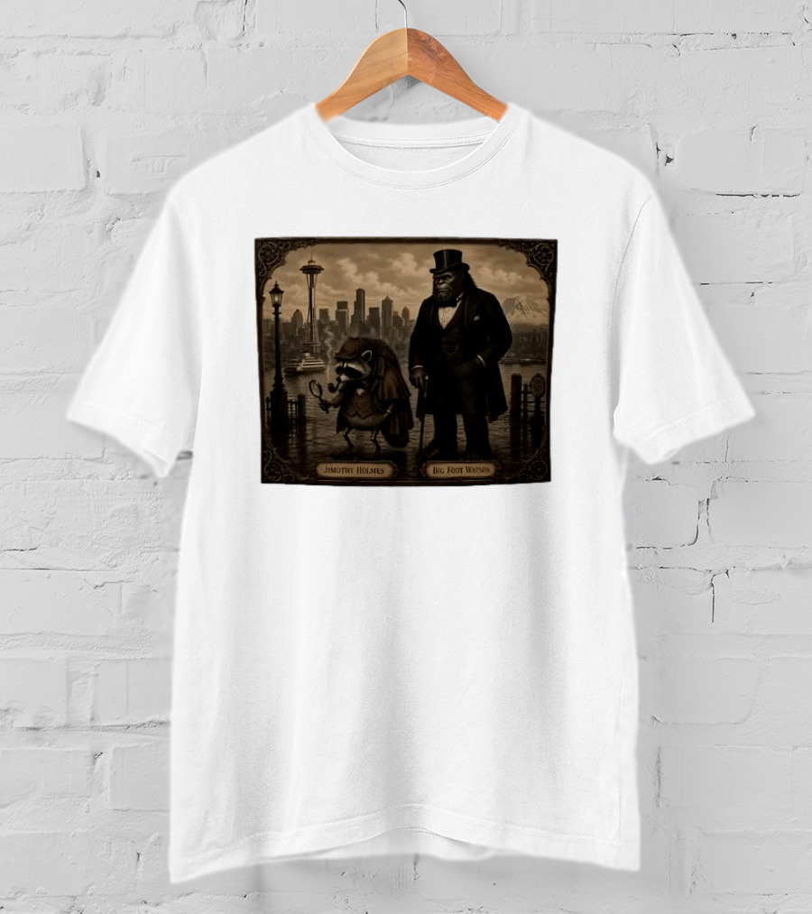 Jimothy Holmes Bigfoot Watson In Vintage Detective Scene Seattle Skyline T-Shirt
