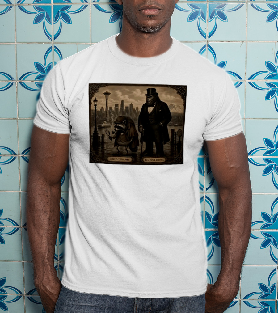 Jimothy Holmes Bigfoot Watson In Vintage Detective Scene Seattle Skyline T-Shirt