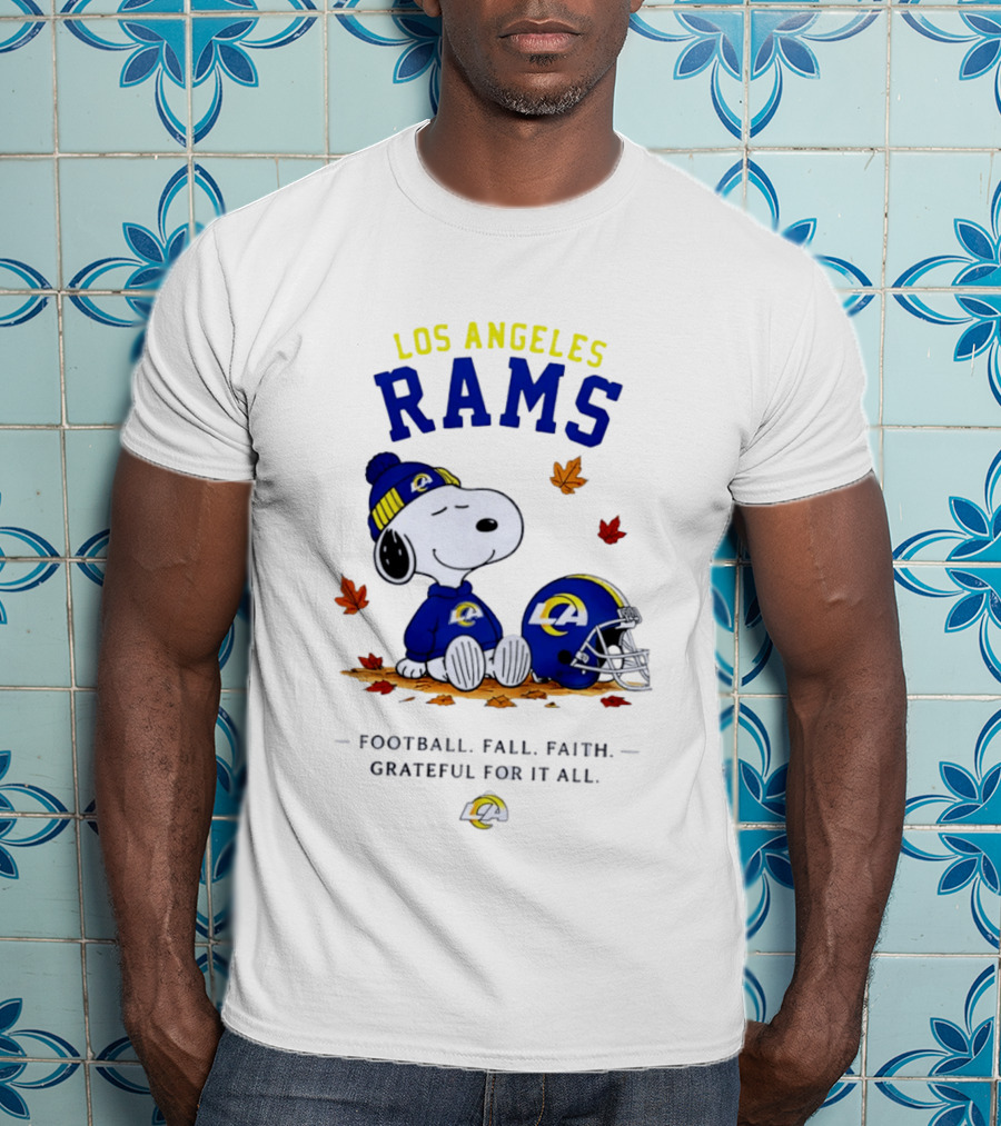 Los Angeles Rams Snoopy Football Fall Faith Grateful For It All NFL Peanuts Fan Gear T-Shirt