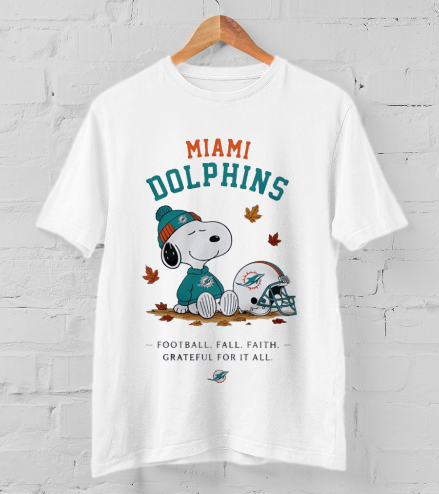 Miami Dolphins Snoopy Football Fall Faith Grateful For It All Peanuts NFL Helmet Team Fan T-Shirt