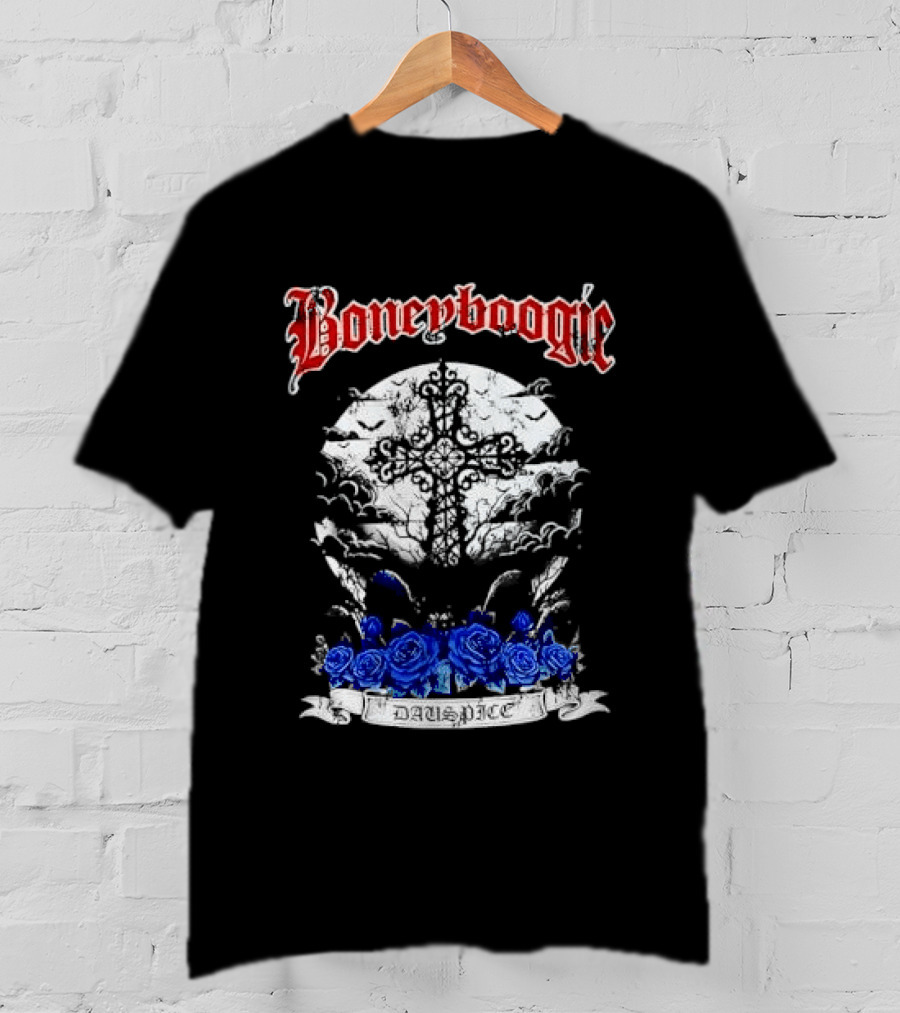 Boneyboogie Gothic Cross With Blue Roses And Full Moon T-Shirt