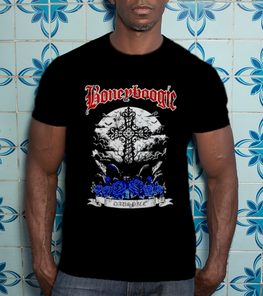 Boneyboogie Gothic Cross With Blue Roses And Full Moon T-Shirt