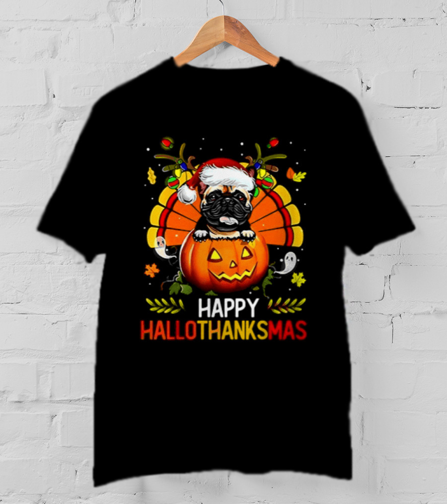 Happy Hallothanksmas Bulldog With Santa Hat Pumpkin And Turkey Feathers 2026 T-Shirt