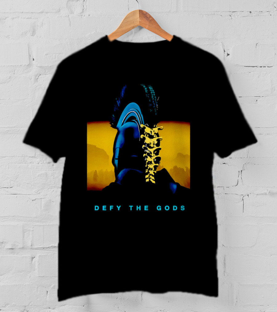Defy The Gods Spartan Warrior Helmet Art Blue And Gold T-Shirt