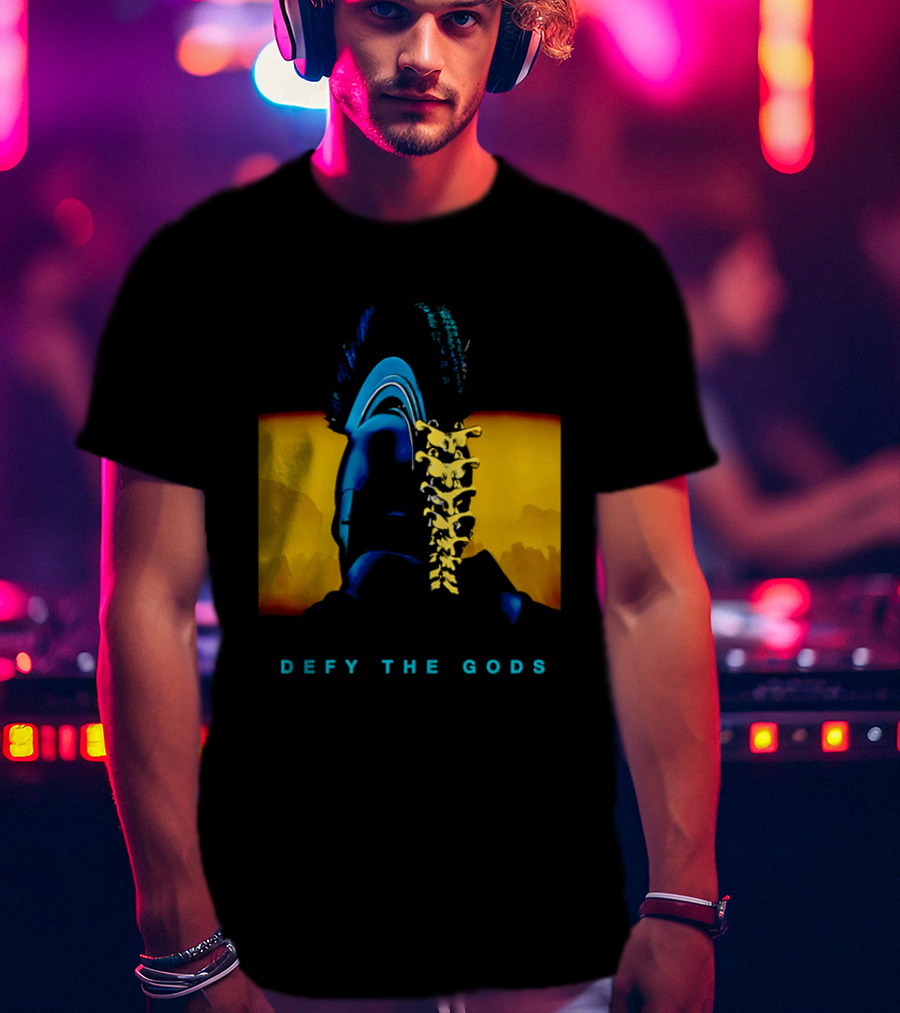 Defy The Gods Spartan Warrior Helmet Art Blue And Gold T-Shirt