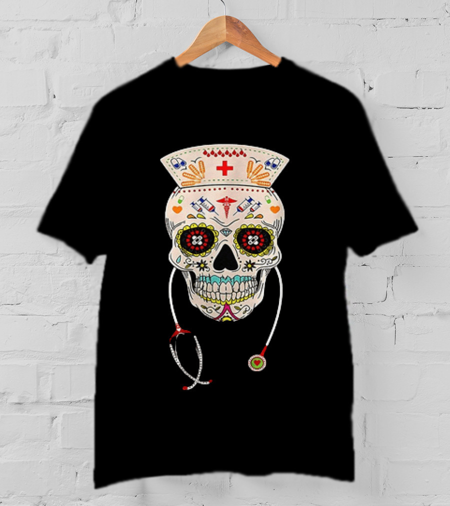Nurse Sugar Skull Halloween Day Of The Dead Dia De Los Muertos T-Shirt