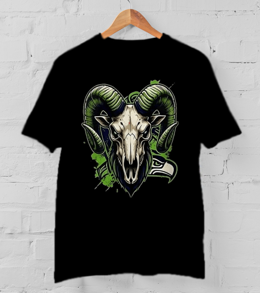 Seattle Seahawks Runs In My Blood Skeleton Ram Skull Fan T-Shirt