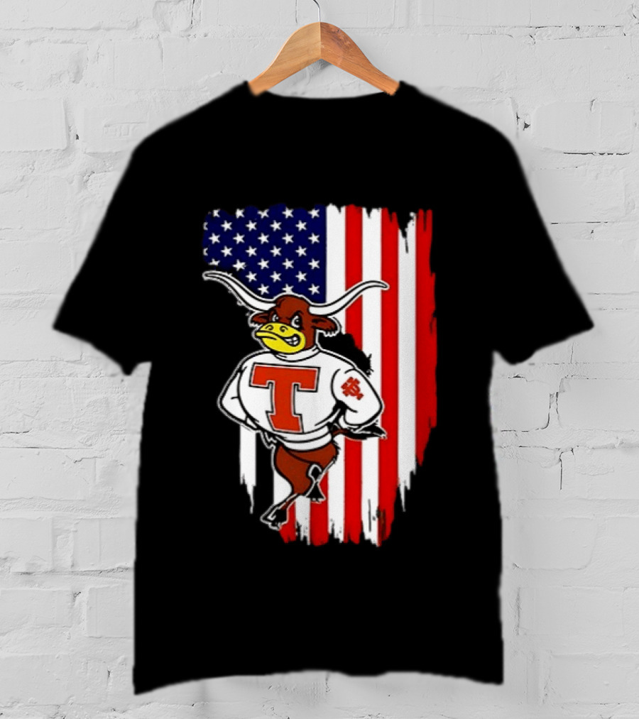 Texas Longhorns Mascot Over USA Flag T-Shirt