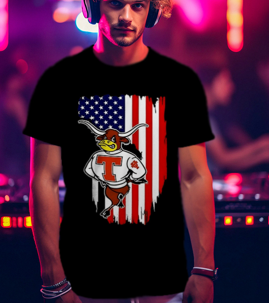 Texas Longhorns Mascot Over USA Flag T-Shirt
