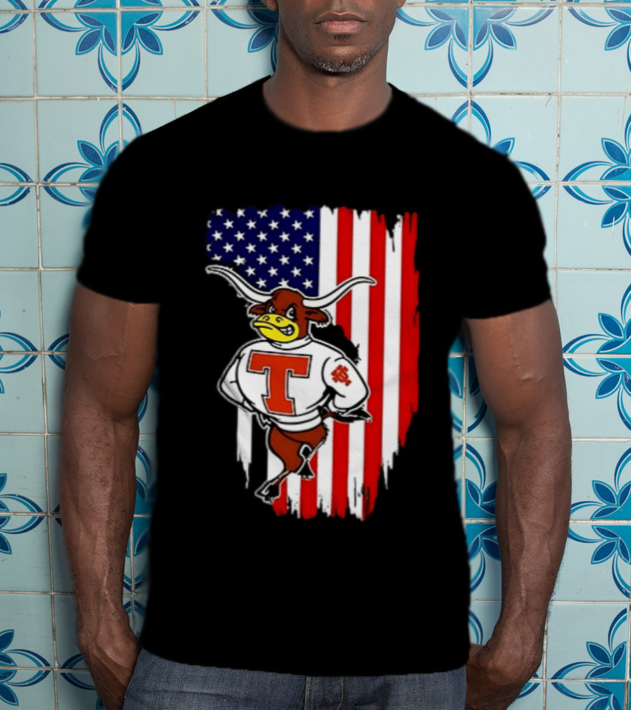 Texas Longhorns Mascot Over USA Flag T-Shirt