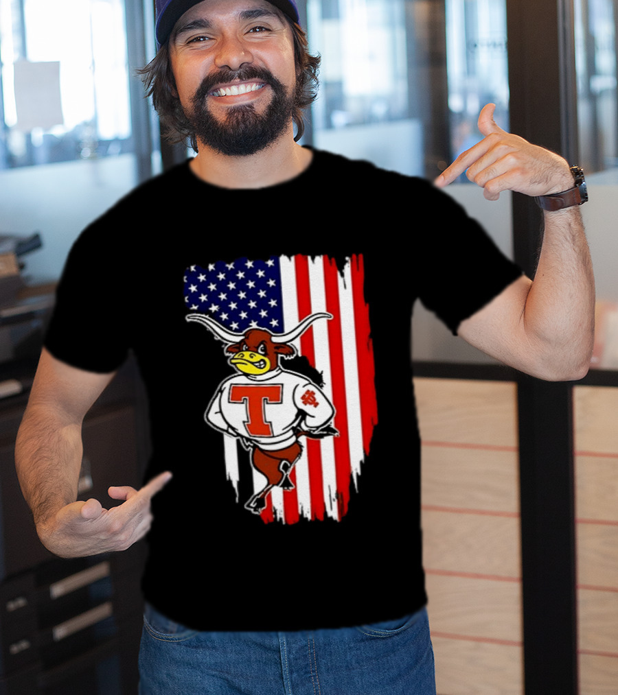 Texas Longhorns Mascot Over USA Flag T-Shirt