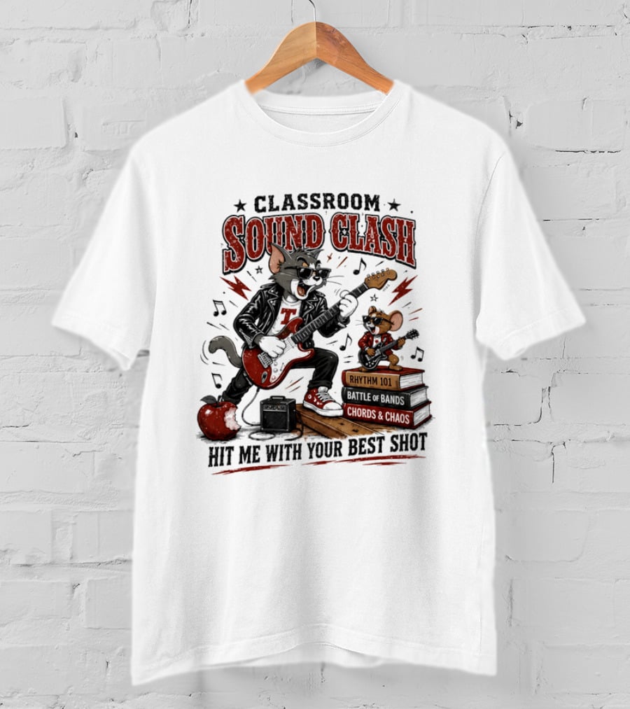 Classroom Sound Clash Hit Me With Your Best Shot Tom And Jerry Electric Guitar Battle T-Shirt