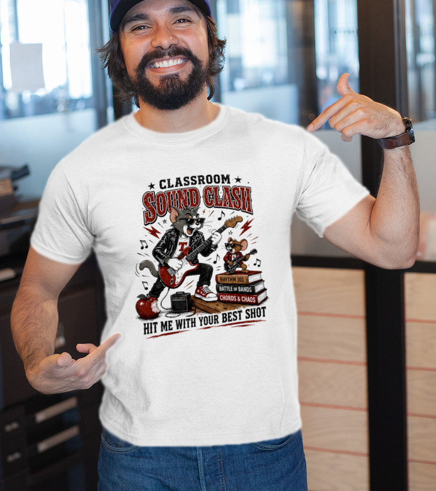 Classroom Sound Clash Hit Me With Your Best Shot Tom And Jerry Electric Guitar Battle T-Shirt