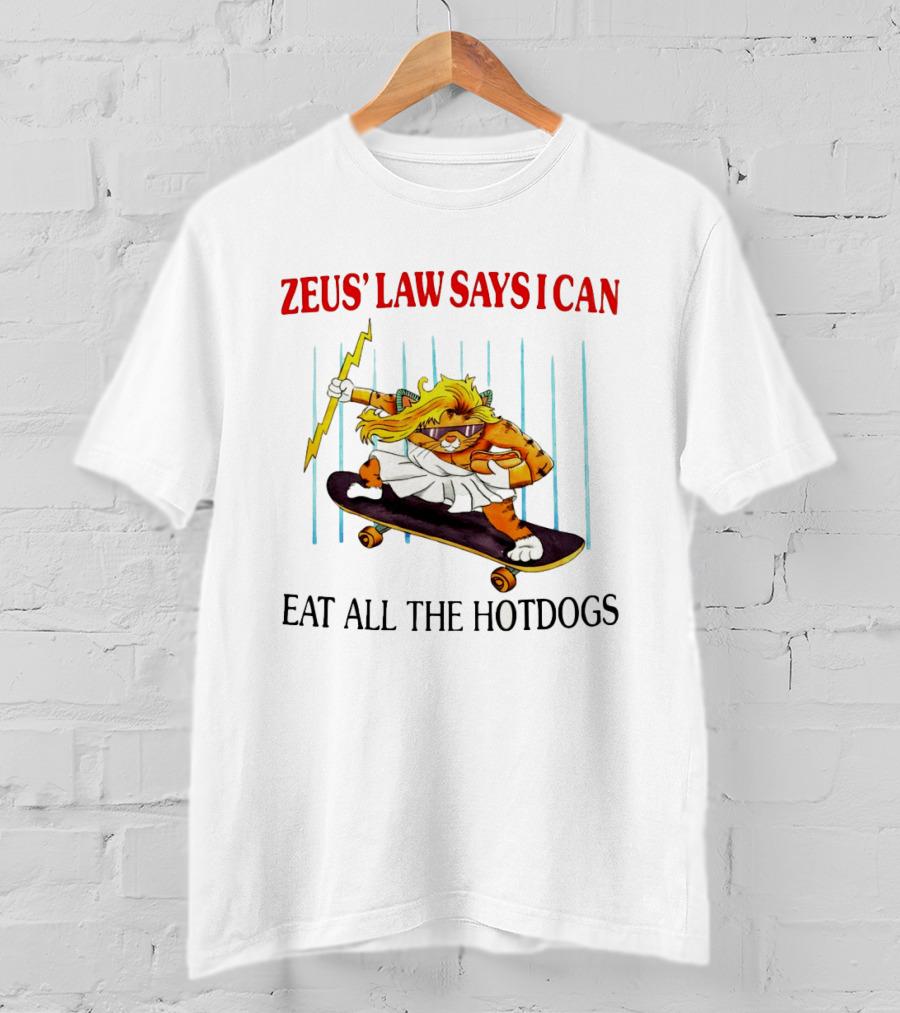 Zeus' Law Says I Can Eat All The Hotdogs Cat Holding Lightning Skateboard T-Shirt
