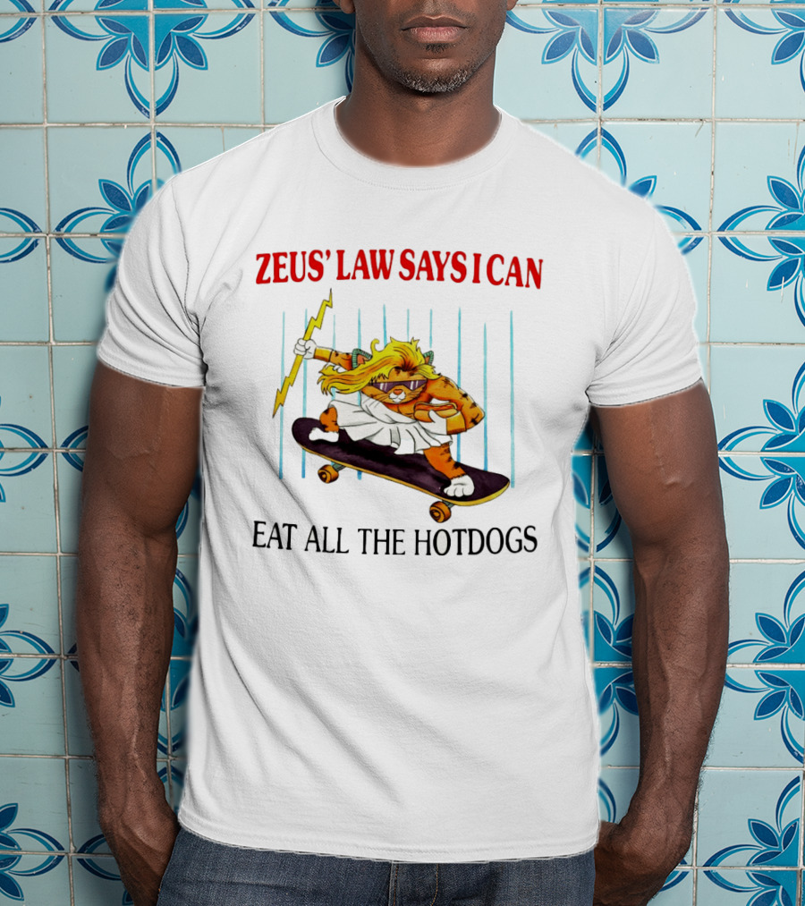 Zeus' Law Says I Can Eat All The Hotdogs Cat Holding Lightning Skateboard T-Shirt