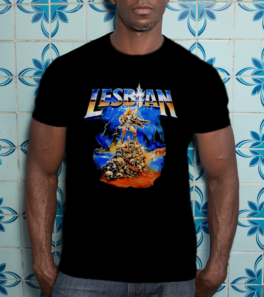 LESBIAN Warrior Epic Pose Amidst Pile Of Skulls And Lightning T-Shirt