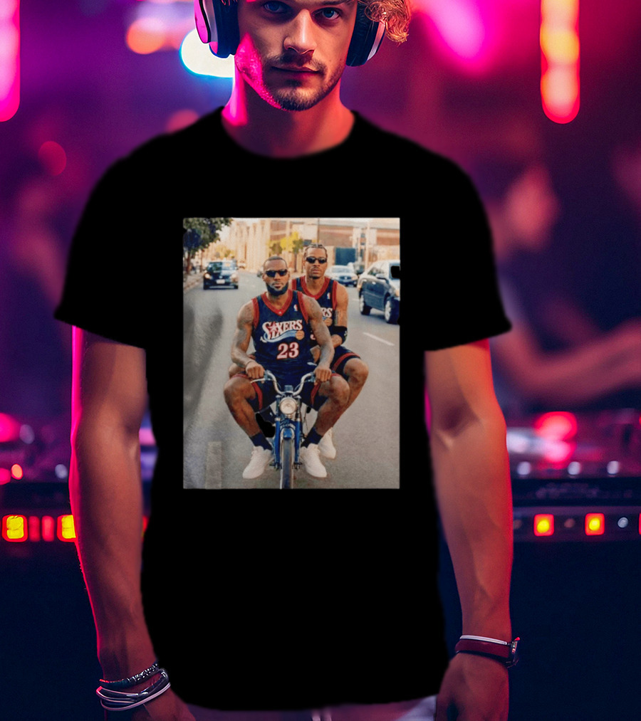Philadelphia 76ers LeBron James Allen Iverson Duo On Bicycle T-Shirt