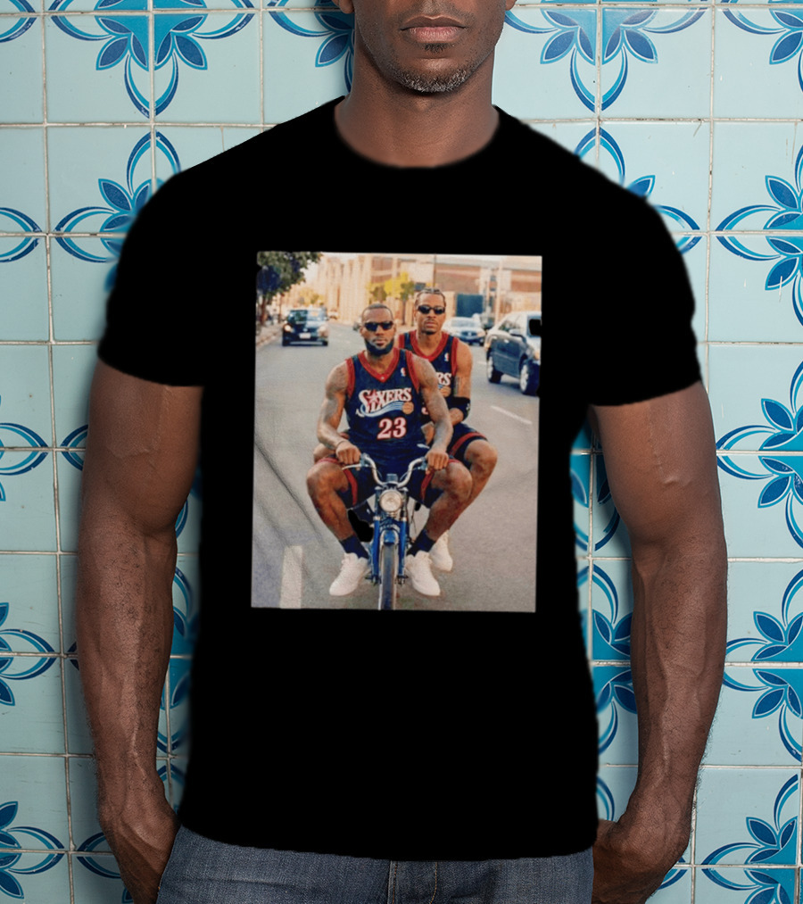 Philadelphia 76ers LeBron James Allen Iverson Duo On Bicycle T-Shirt