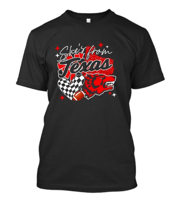 Cheerleading Texas Football Wolf She's From Texas Heart Checkered Ball Stars T-Shirt