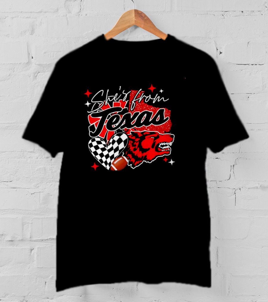 Cheerleading Texas Football Wolf She's From Texas Heart Checkered Ball Stars T-Shirt