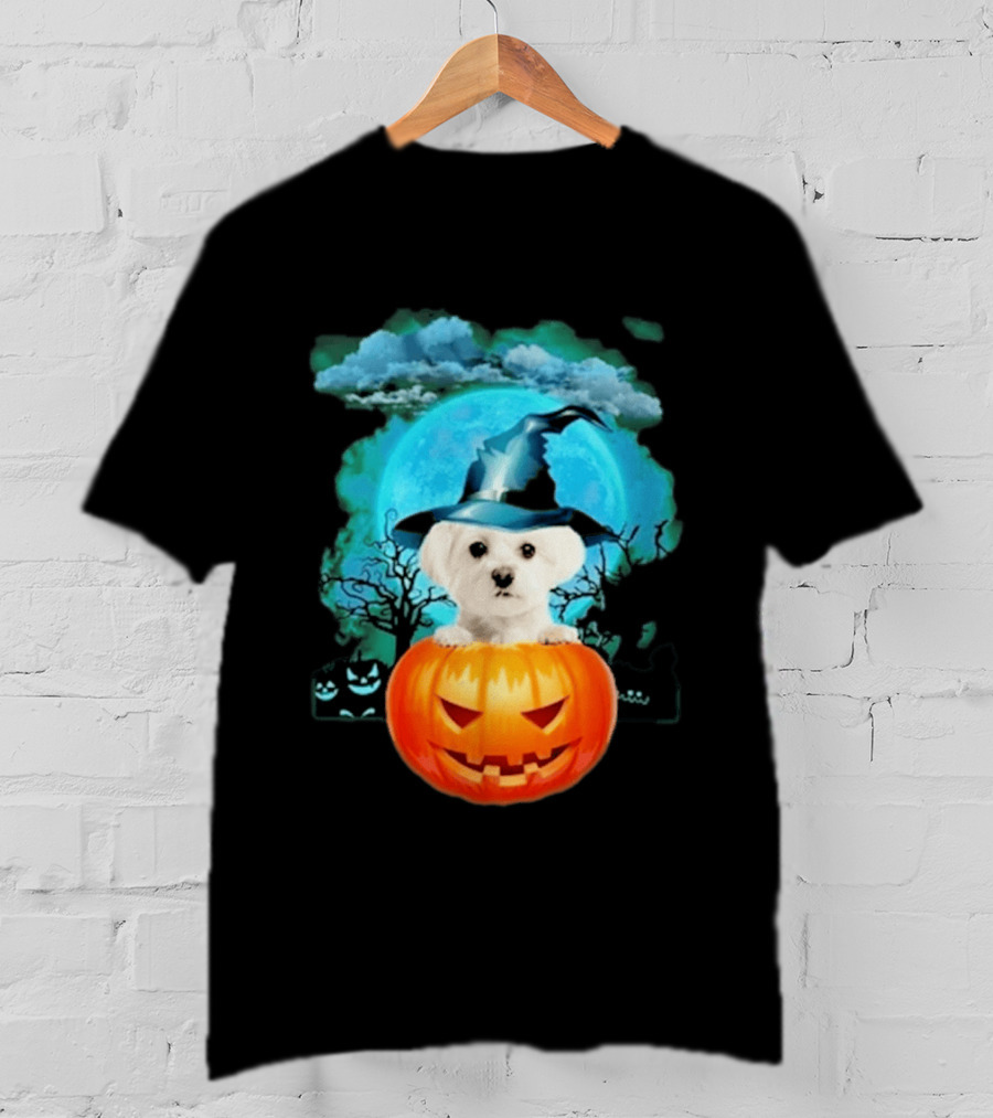 Happy Halloween White Maltese Witch Hat Pumpkin Blue Moon T-Shirt