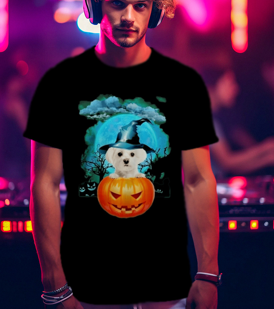 Happy Halloween White Maltese Witch Hat Pumpkin Blue Moon T-Shirt