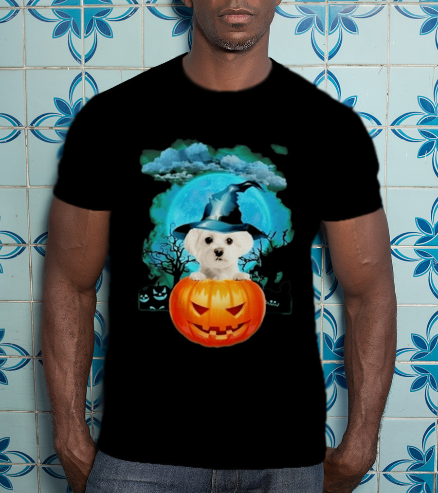 Happy Halloween White Maltese Witch Hat Pumpkin Blue Moon T-Shirt