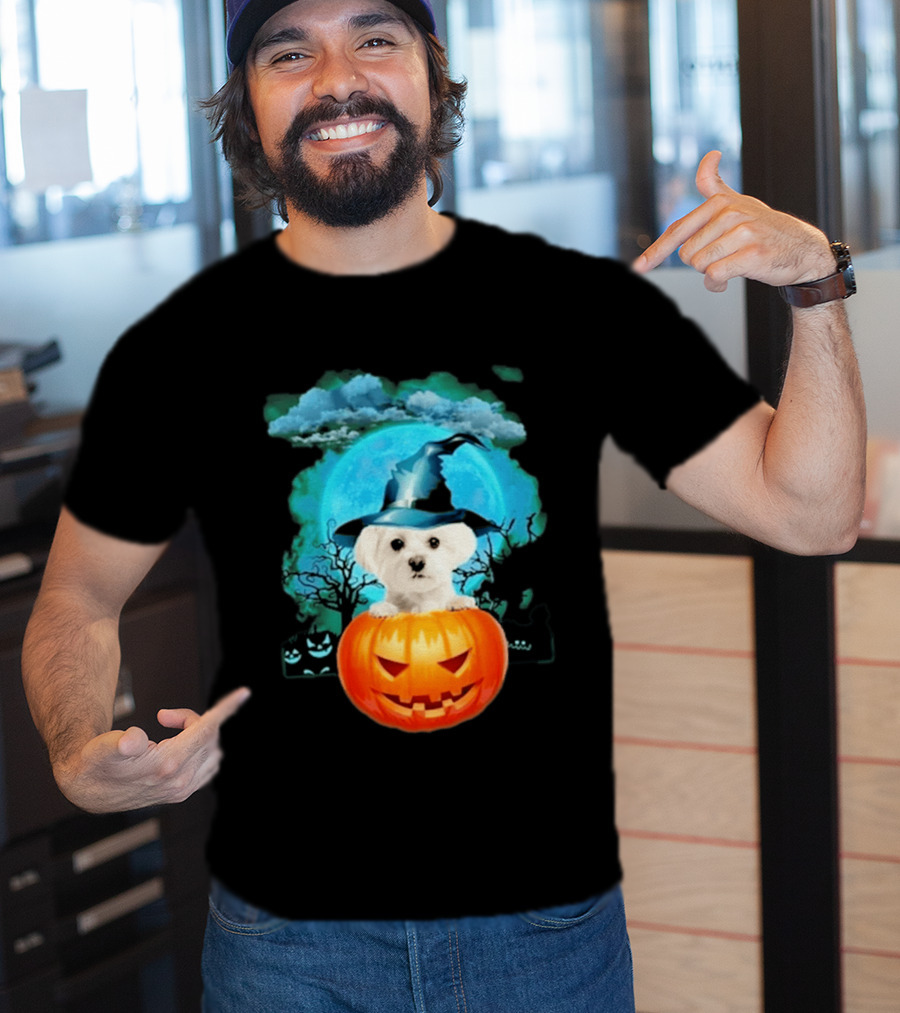 Happy Halloween White Maltese Witch Hat Pumpkin Blue Moon T-Shirt