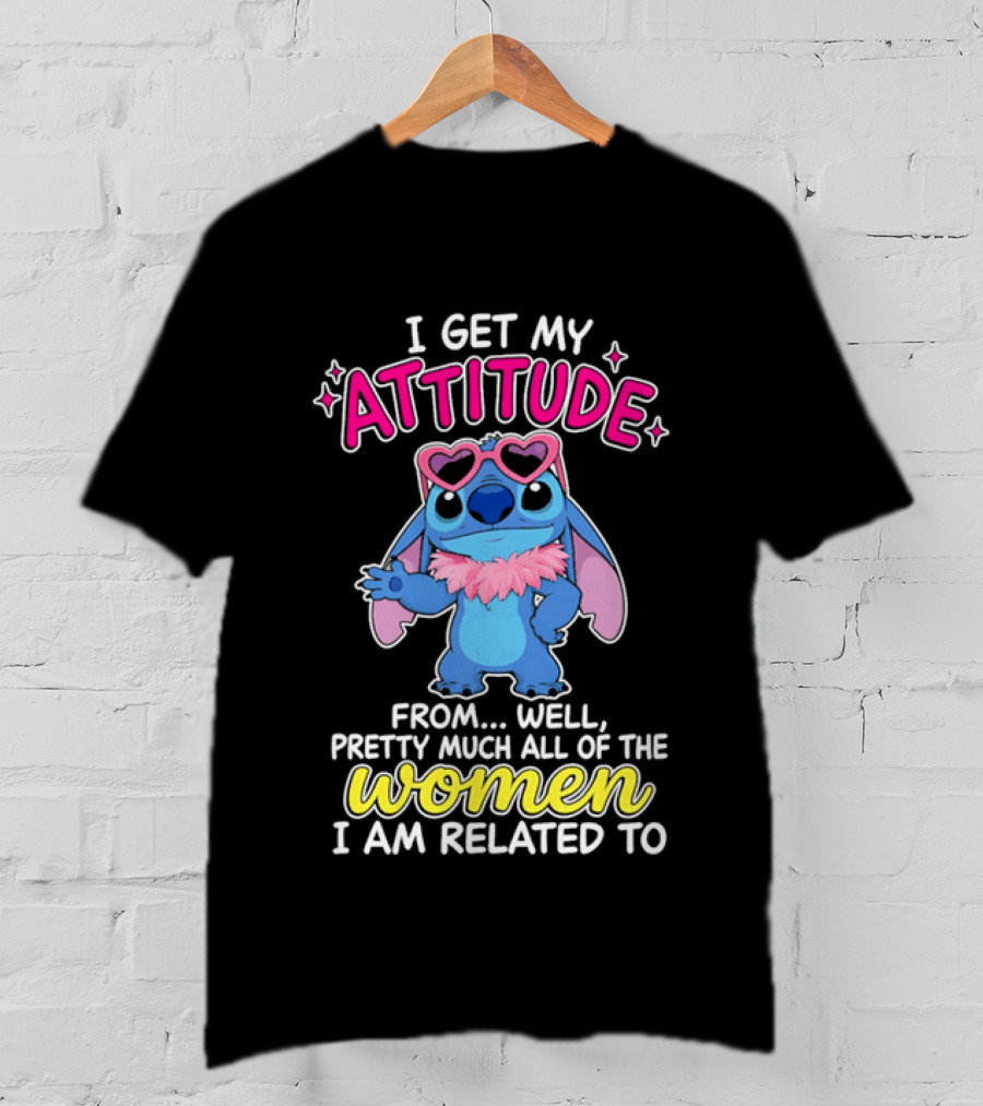 I Get My Attitude From Pretty Much All Of The Women I Am Related To Cute Blue Cartoon Character With Pink Accessories T-Shirt