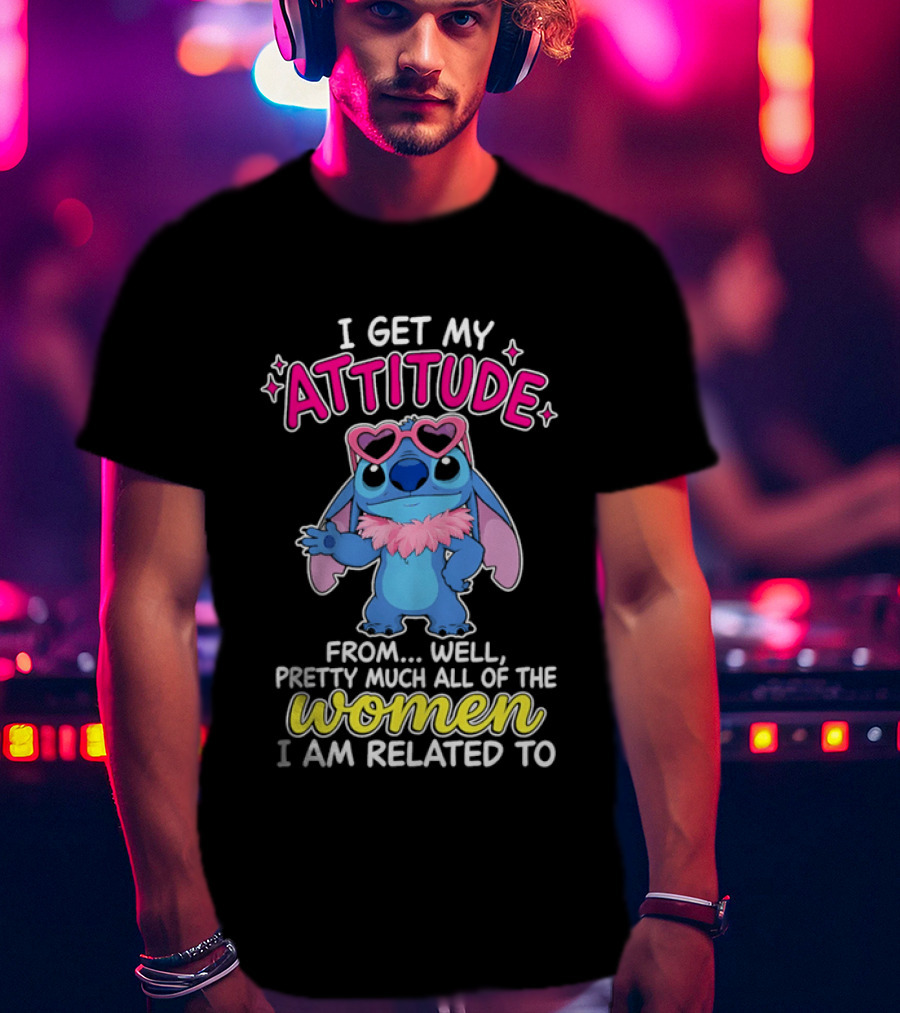 I Get My Attitude From Pretty Much All Of The Women I Am Related To Cute Blue Cartoon Character With Pink Accessories T-Shirt