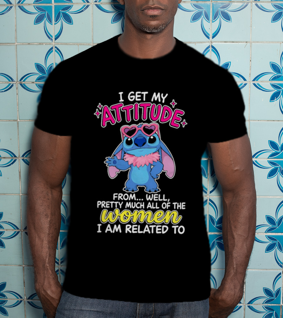 I Get My Attitude From Pretty Much All Of The Women I Am Related To Cute Blue Cartoon Character With Pink Accessories T-Shirt