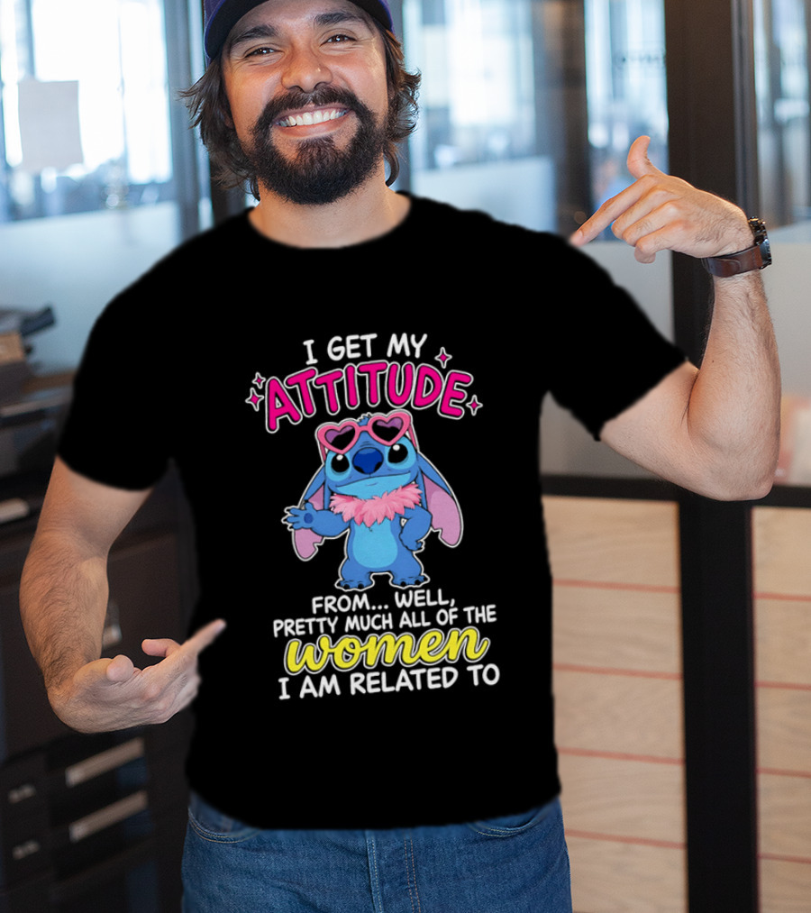 I Get My Attitude From Pretty Much All Of The Women I Am Related To Cute Blue Cartoon Character With Pink Accessories T-Shirt