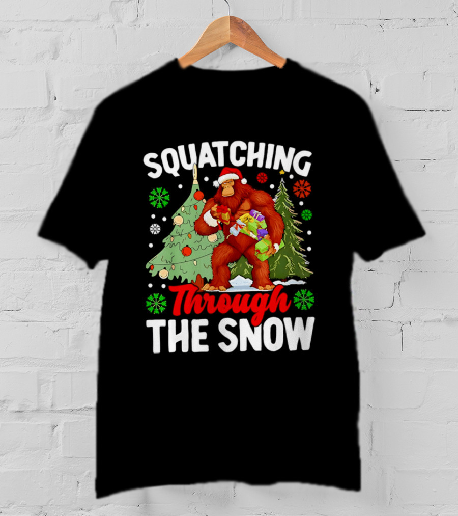 Squatching Through The Snow Bigfoot Christmas Tree Holiday Santa Big Foot T-Shirt