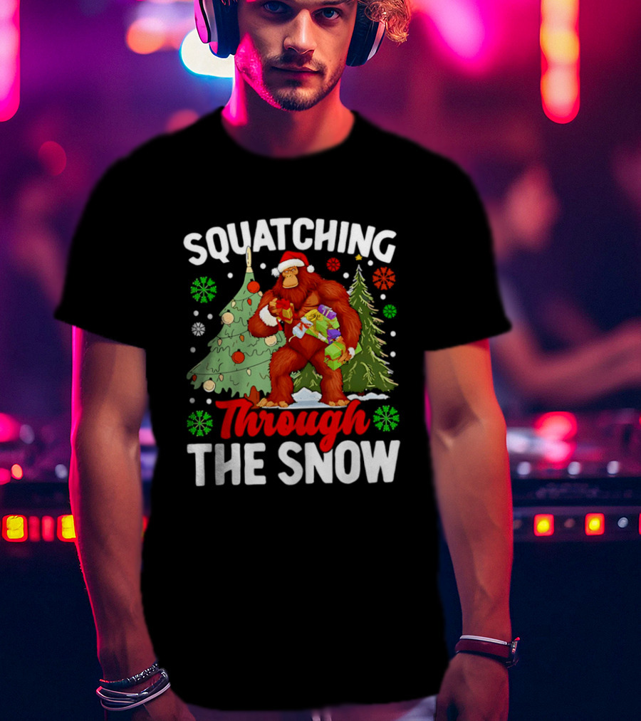 Squatching Through The Snow Bigfoot Christmas Tree Holiday Santa Big Foot T-Shirt