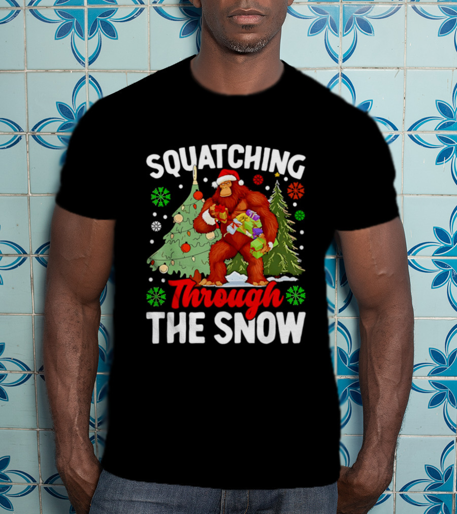 Squatching Through The Snow Bigfoot Christmas Tree Holiday Santa Big Foot T-Shirt